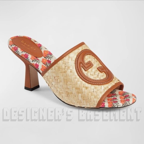 GUCCI Mabel Raffia 37.5EU-7.5US leather Interlocking GG Slide heel Sandals shoes - Picture 5 of 10